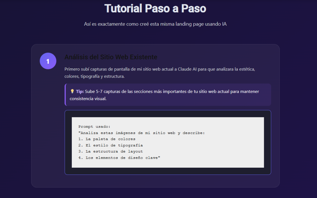 Antes y después de landing page creada con inteligencia artificial" Descripción sugerida: Screenshot comparativo mostrando el sitio web original vs la nueva landing page creada con IA
